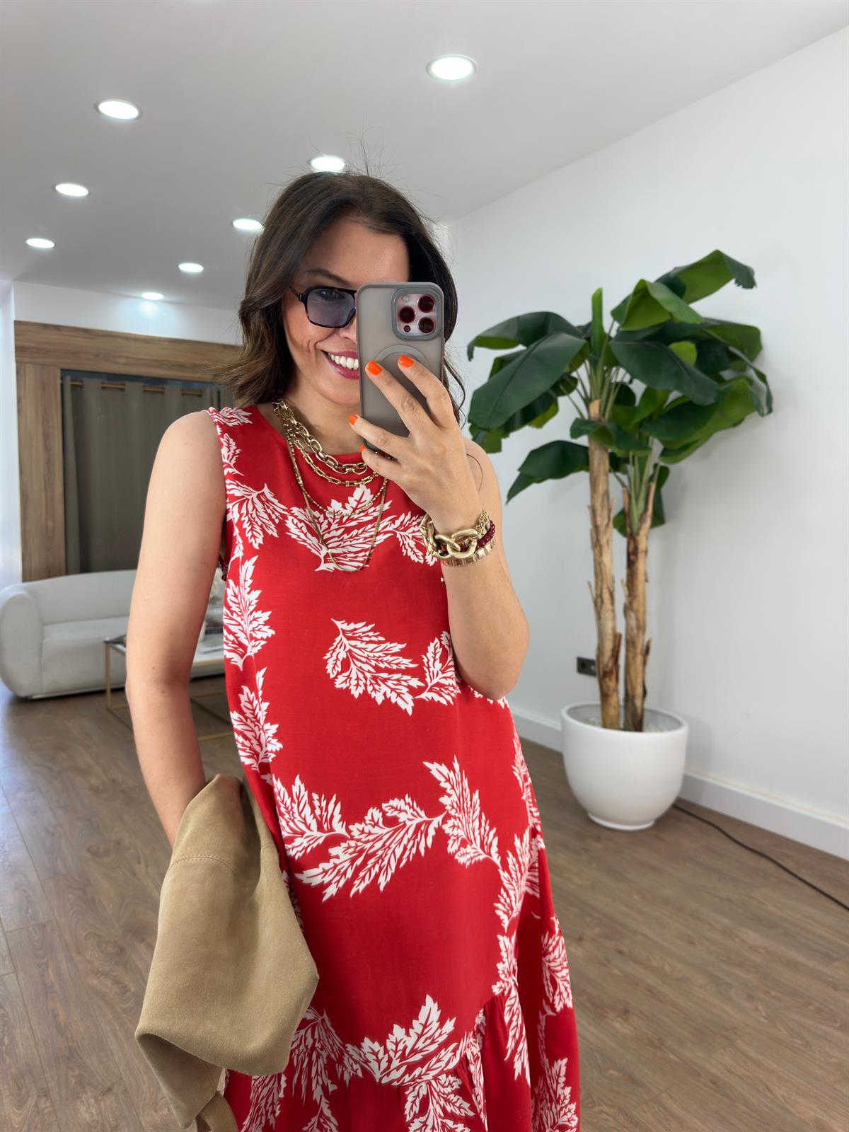 Çiçek Desenli Midi Kloş Elbise - Kırmızı