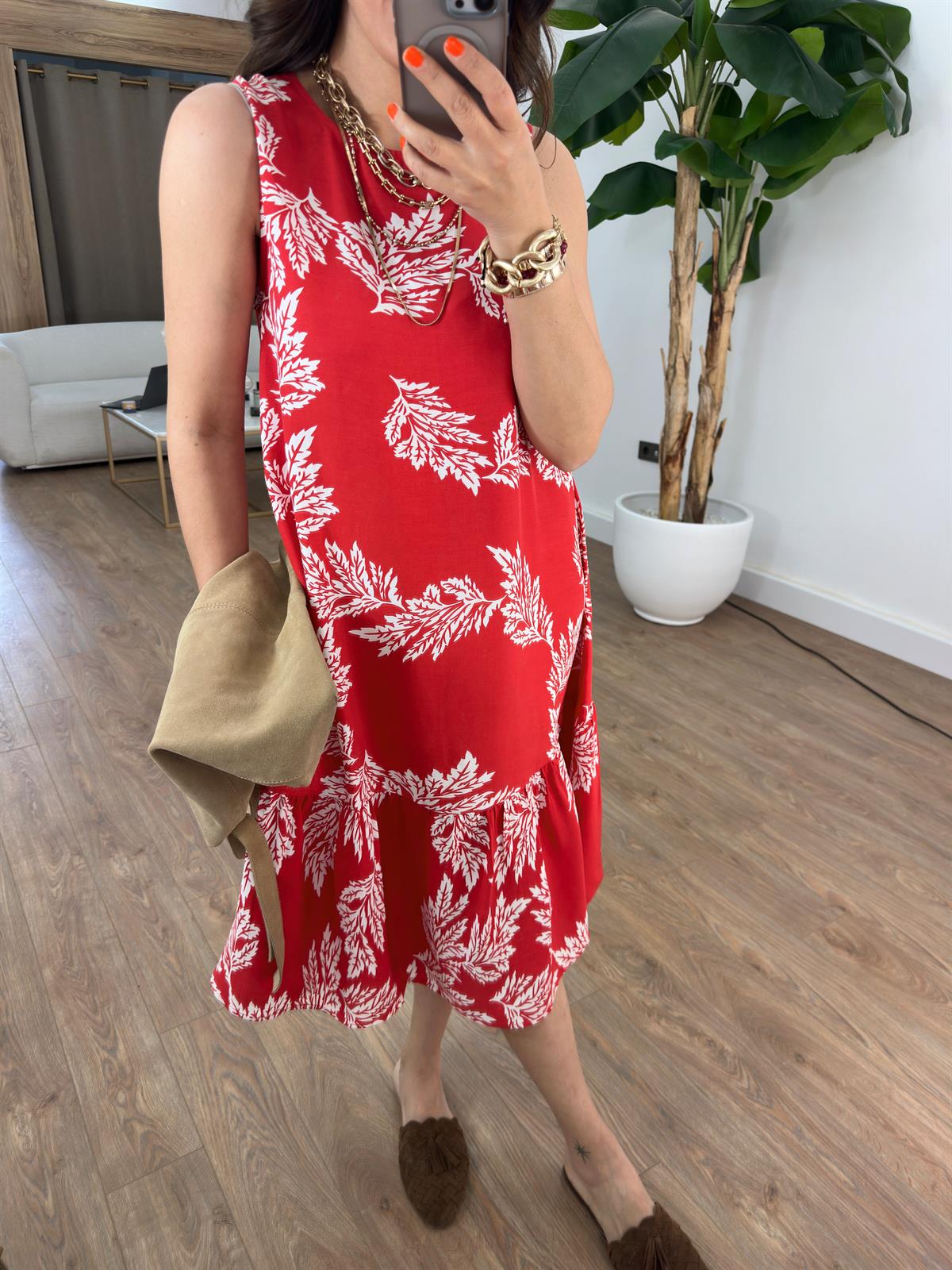 Çiçek Desenli Midi Kloş Elbise - Kırmızı