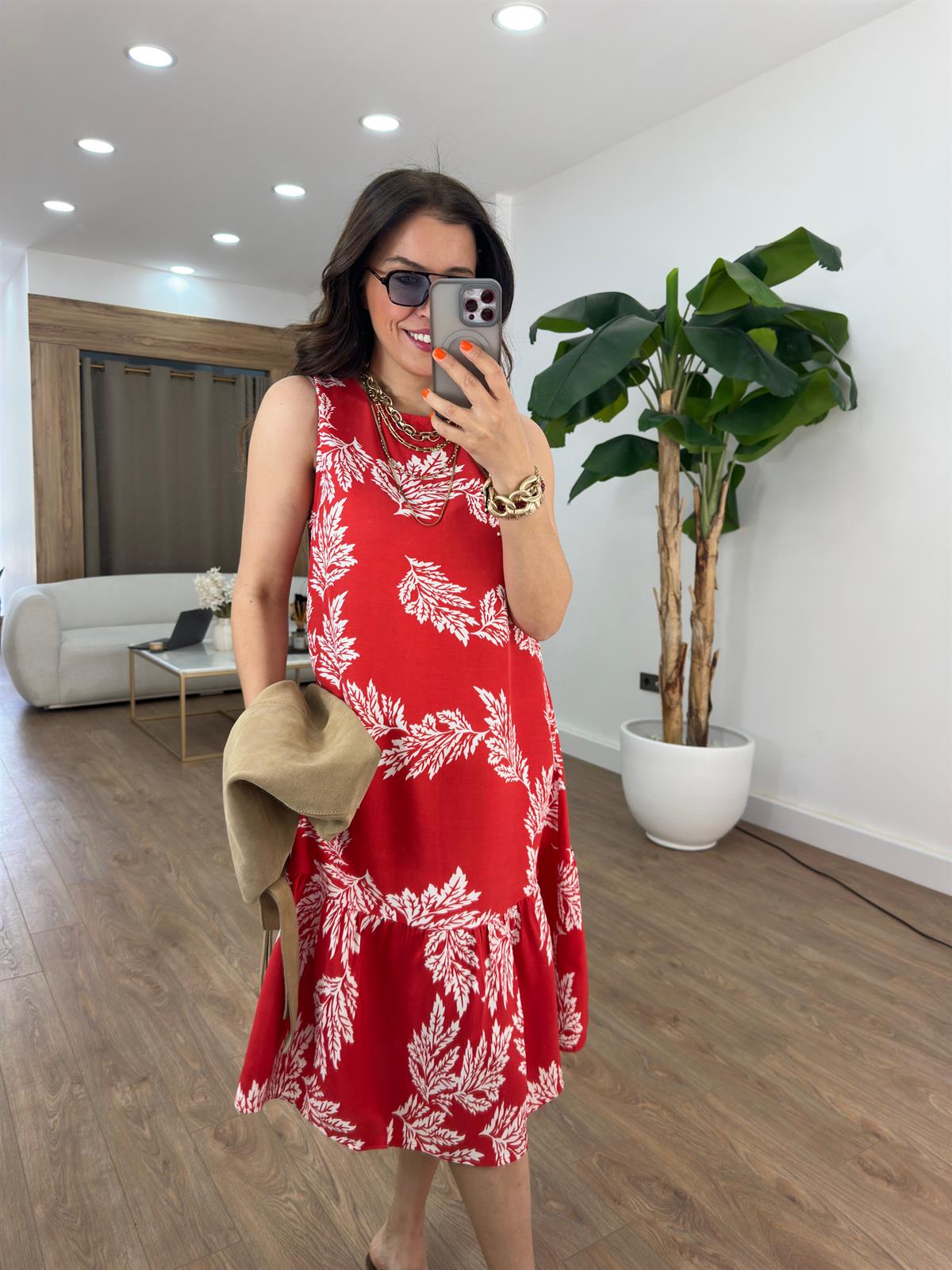 Çiçek Desenli Midi Kloş Elbise - Kırmızı