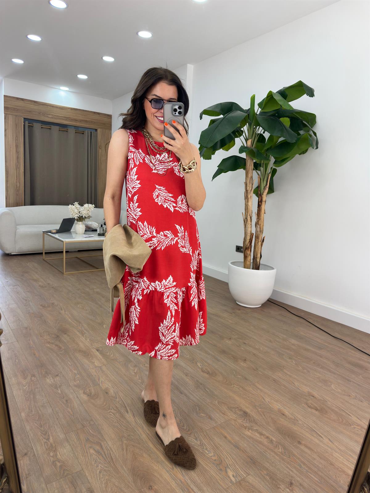 Çiçek Desenli Midi Kloş Elbise - Kırmızı