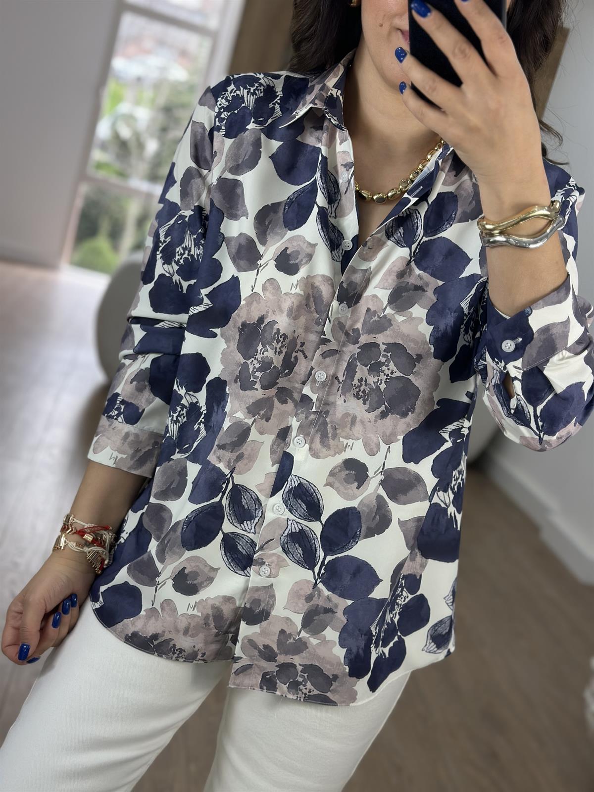 Çiçek Desenli Pamuk Saten Gömlek