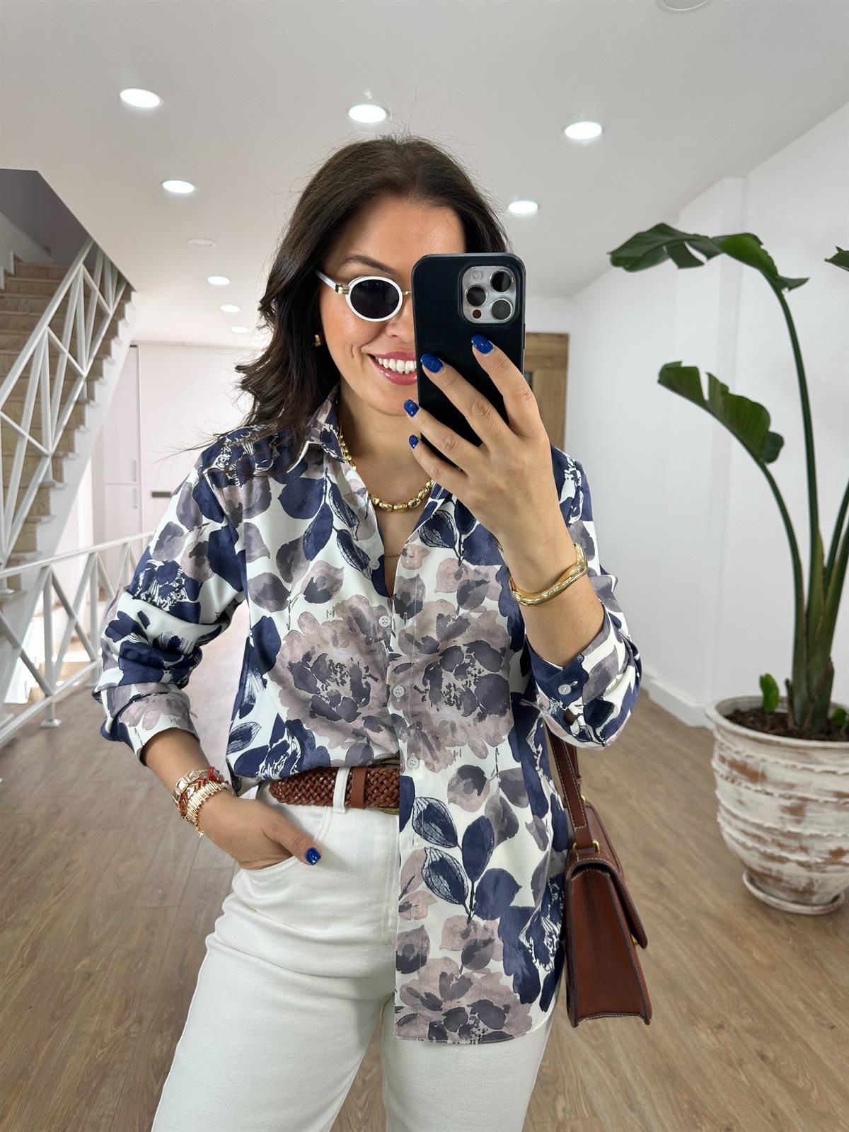 Çiçek Desenli Pamuk Saten Gömlek