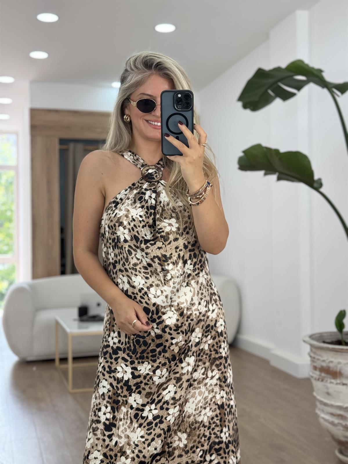 Çiçek Detay Tokalı Leopar Elbise