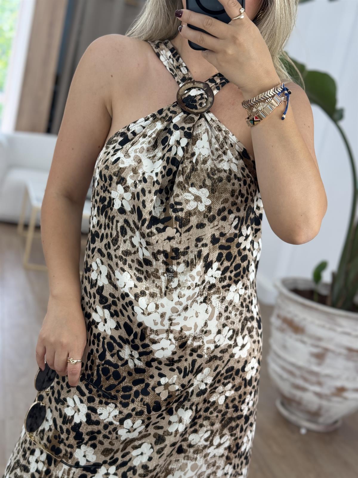 Çiçek Detay Tokalı Leopar Elbise