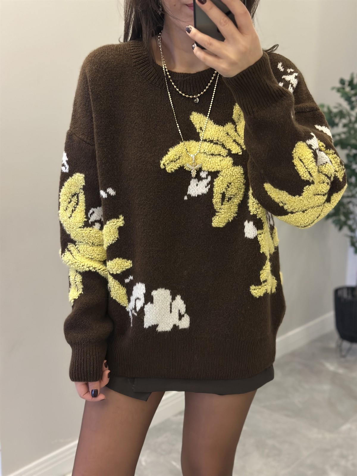 Çiçek Punch İşlemeli Oversize Kazak 