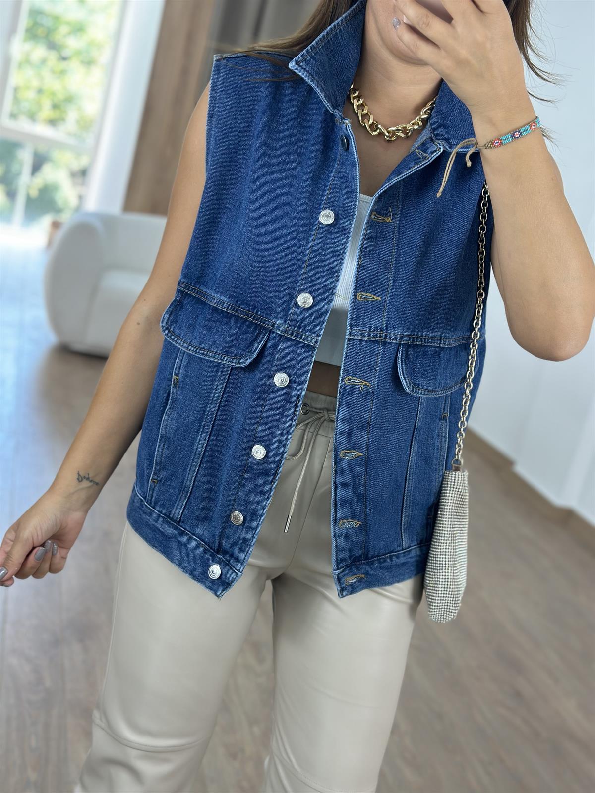 Çift Cepli Jean Yelek