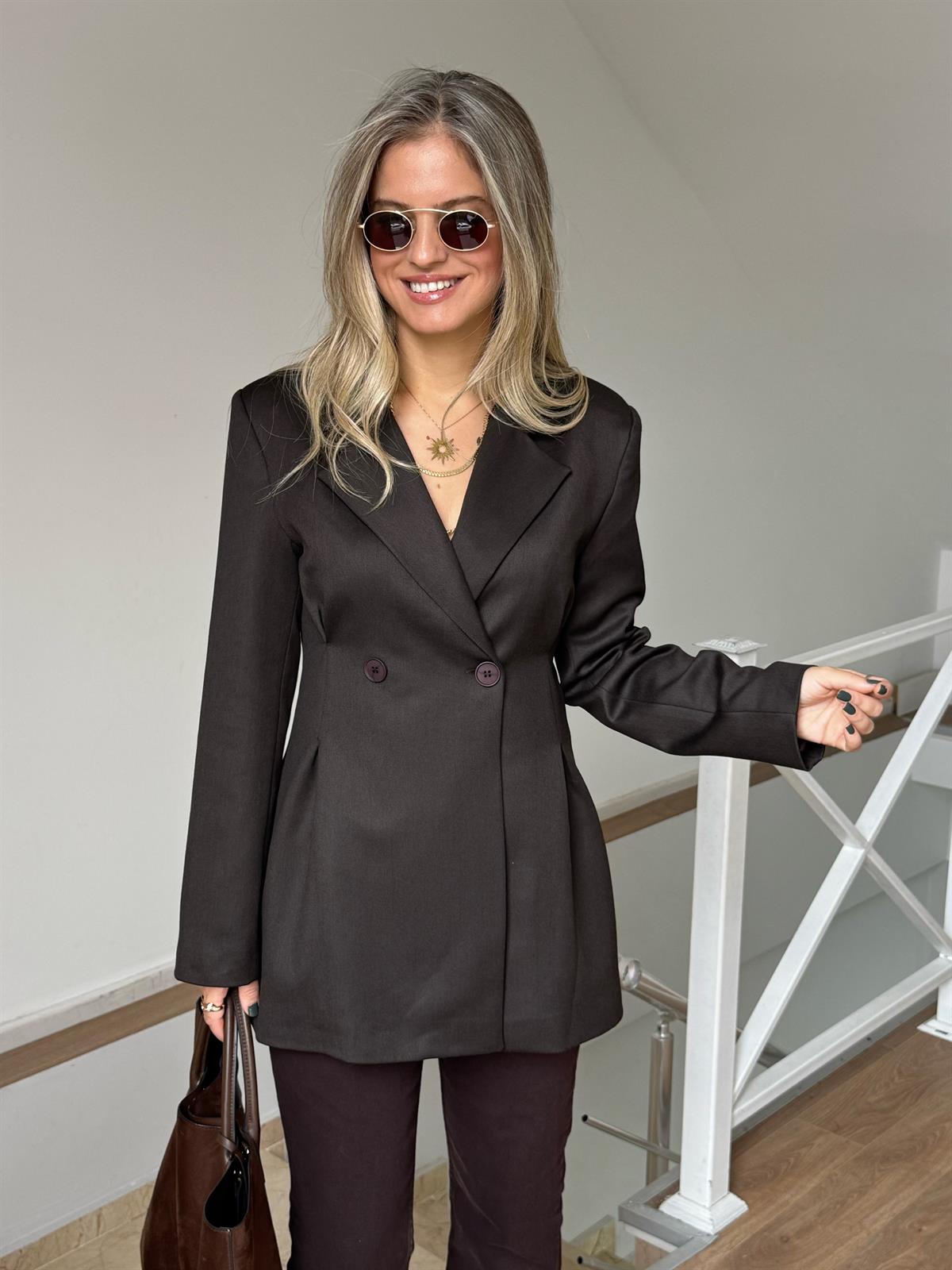 Çift Düğmeli Blazer Ceket - Kahverengi
