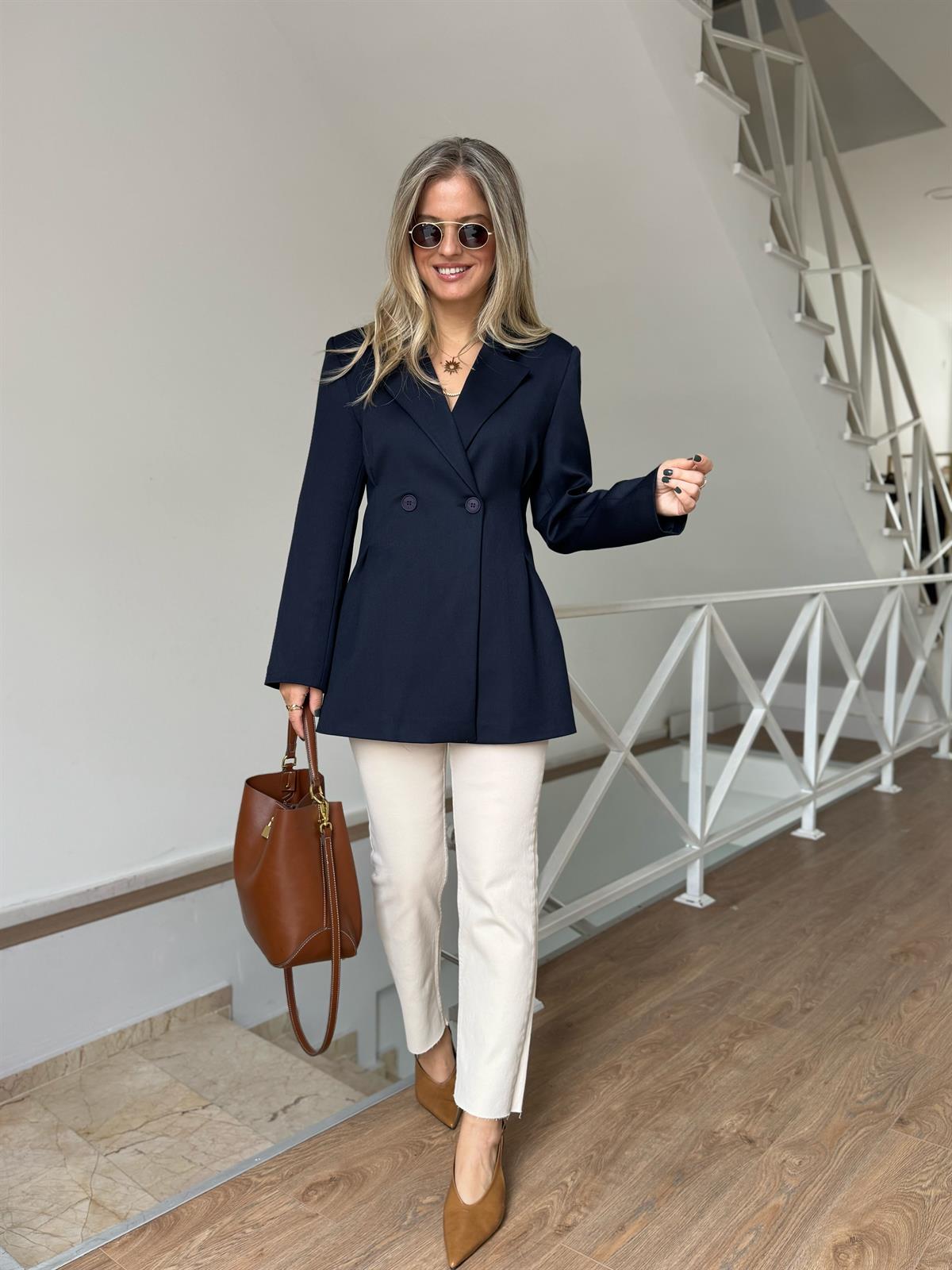 Çift Düğmeli Blazer Ceket - Lacivert