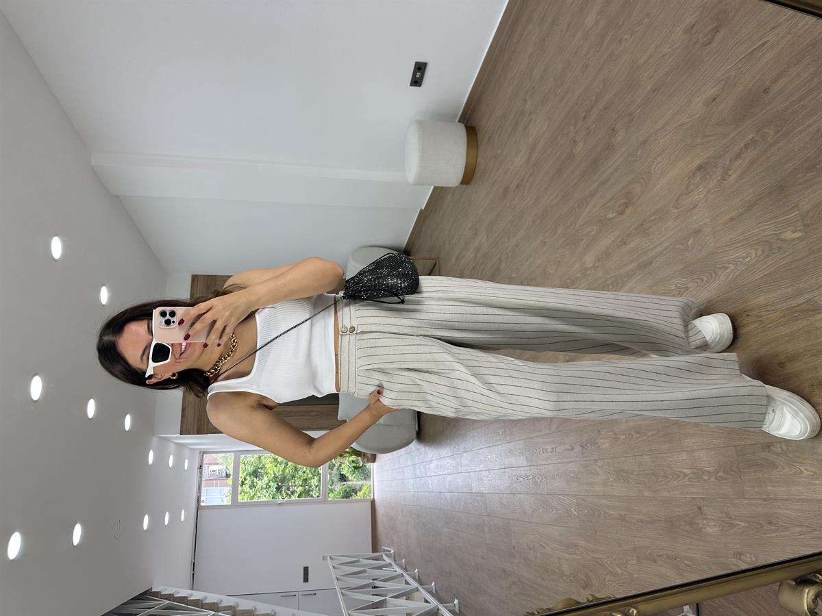 Çift Düğmeli Çizgili Keten Palazzo Pantolon-Siyah