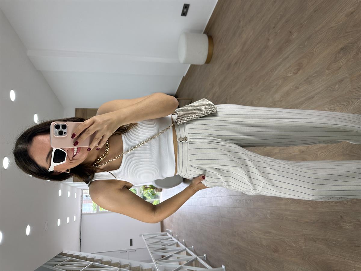 Çift Düğmeli Çizgili Keten Palazzo Pantolon-Lacivert