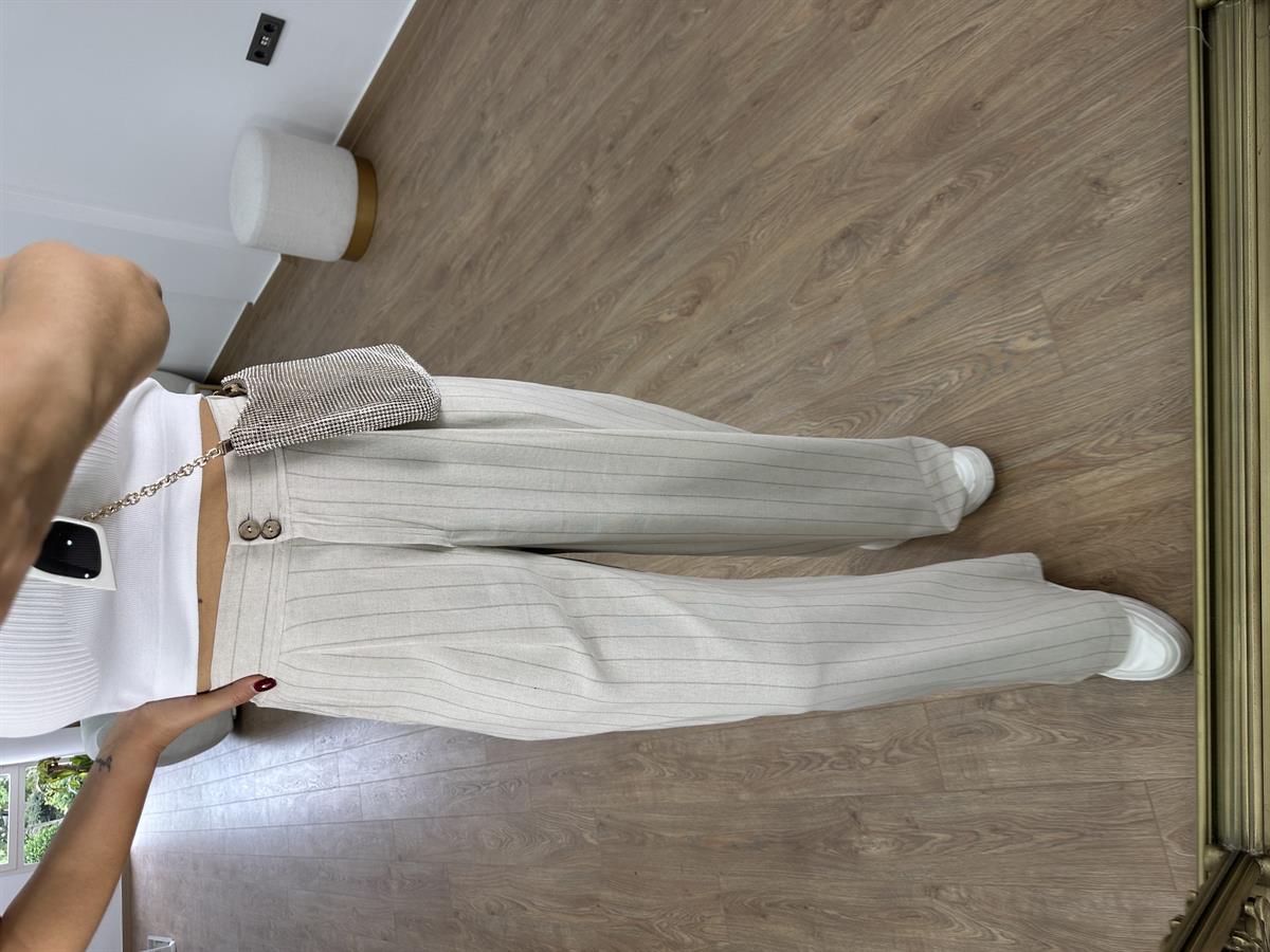 Çift Düğmeli Çizgili Keten Palazzo Pantolon-Vizon