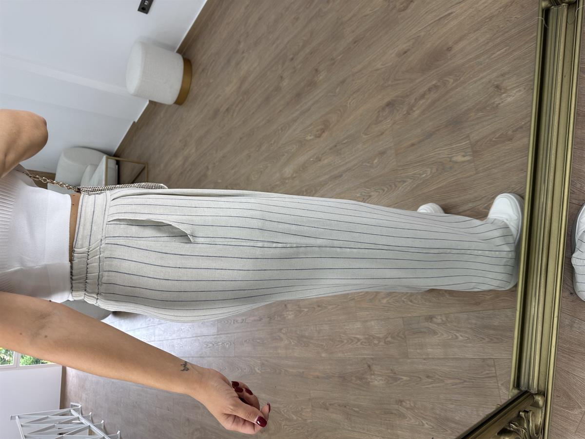 Çift Düğmeli Çizgili Keten Palazzo Pantolon-Lacivert