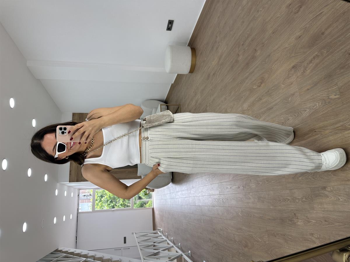 Çift Düğmeli Çizgili Keten Palazzo Pantolon-Lacivert