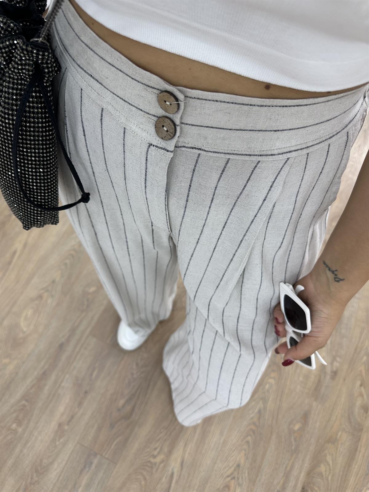 Çift Düğmeli Çizgili Keten Palazzo Pantolon-Siyah