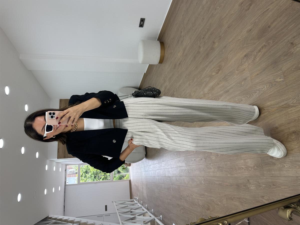 Çift Düğmeli Çizgili Keten Palazzo Pantolon-Siyah