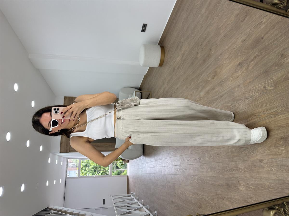 Çift Düğmeli Çizgili Keten Palazzo Pantolon-Vizon