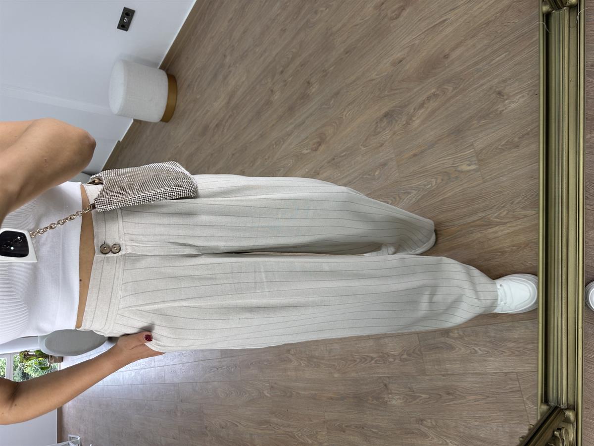 Çift Düğmeli Çizgili Keten Palazzo Pantolon-Vizon