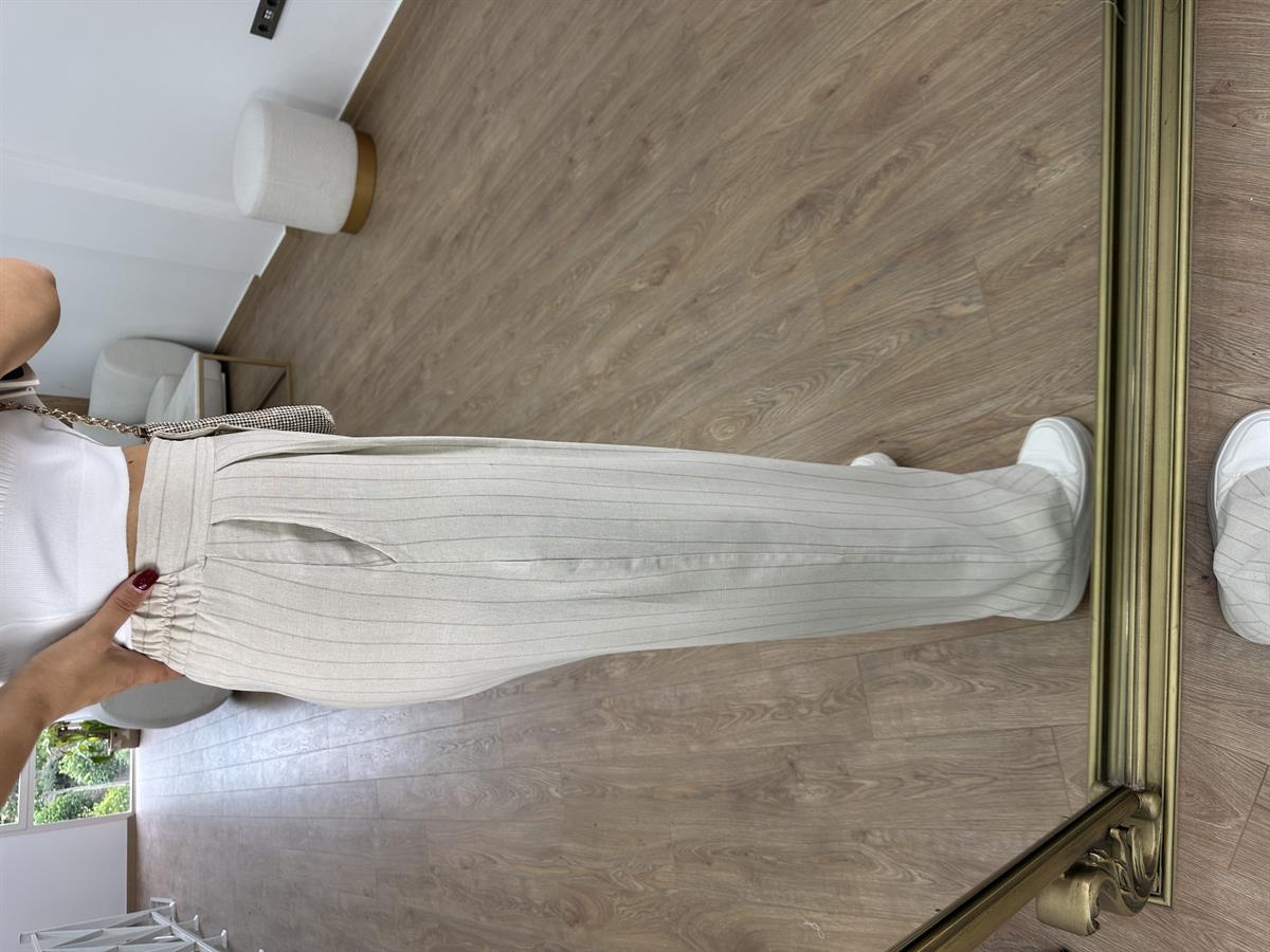 Çift Düğmeli Çizgili Keten Palazzo Pantolon-Vizon