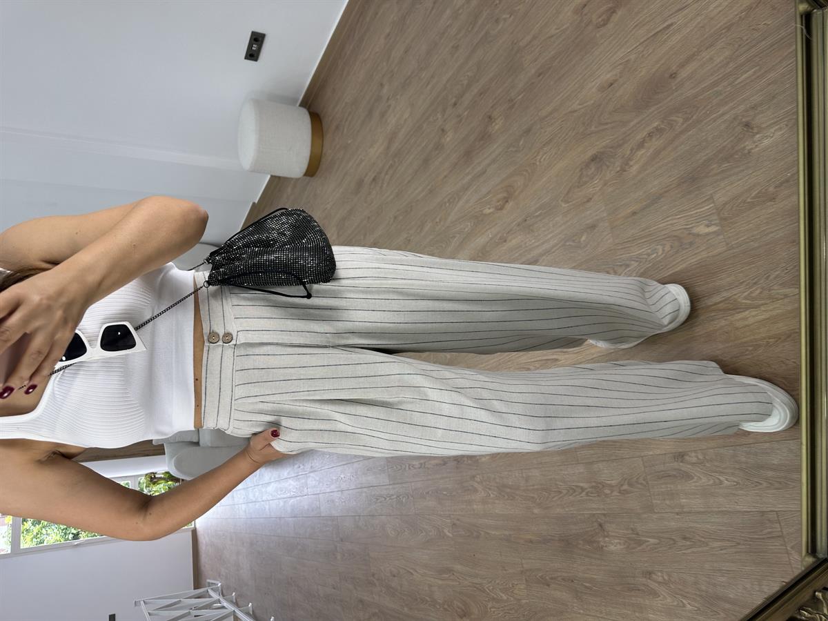 Çift Düğmeli Çizgili Keten Palazzo Pantolon-Siyah