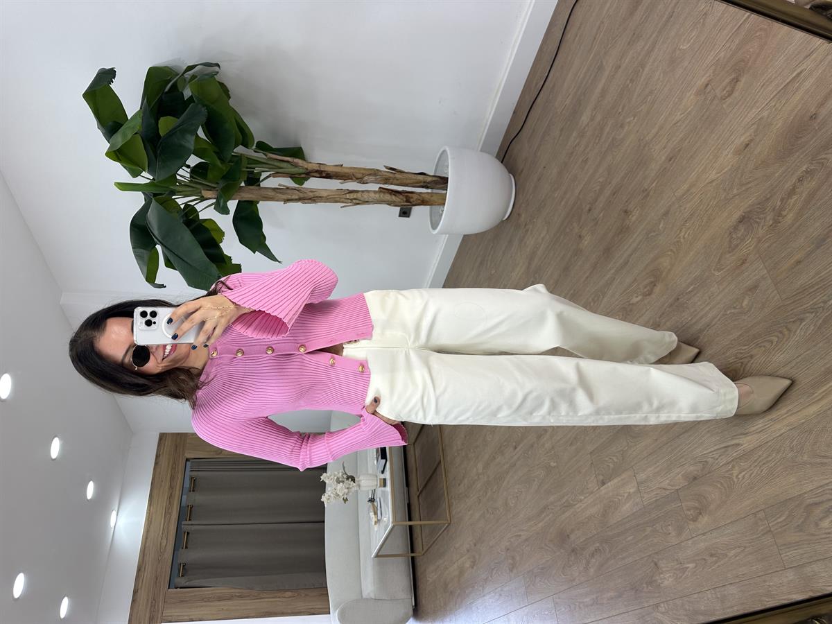 Çift Düğmeli Likralı Pantolon - Ekru