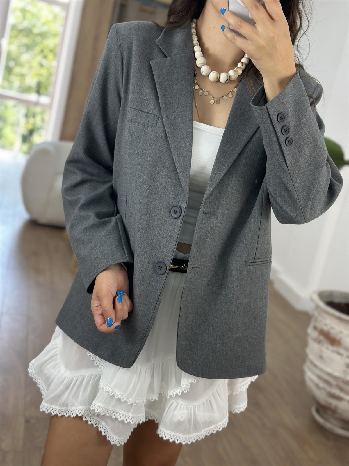 Çift Düğmeli Oversize Blazzer Ceket - Gri