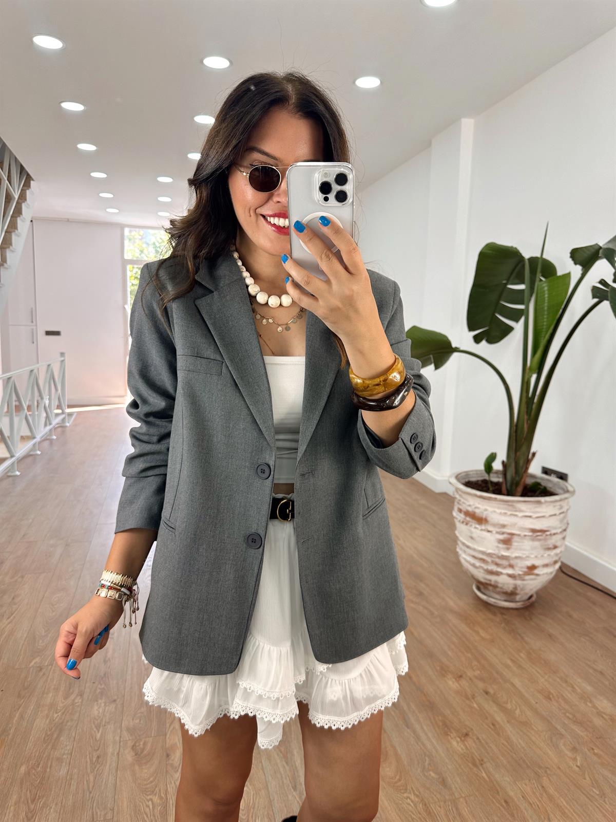 Çift Düğmeli Oversize Blazzer Ceket - Gri