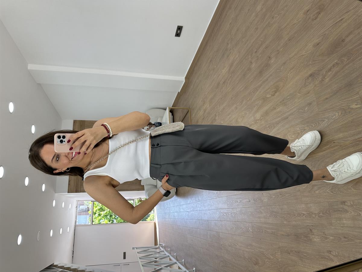 Çift Düğmeli Şalvar Kesim Pantolon-Gri