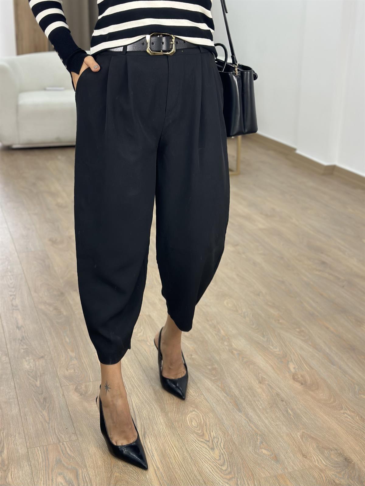 Çift Düğmeli Şalvar Kesim Pantolon-Siyah