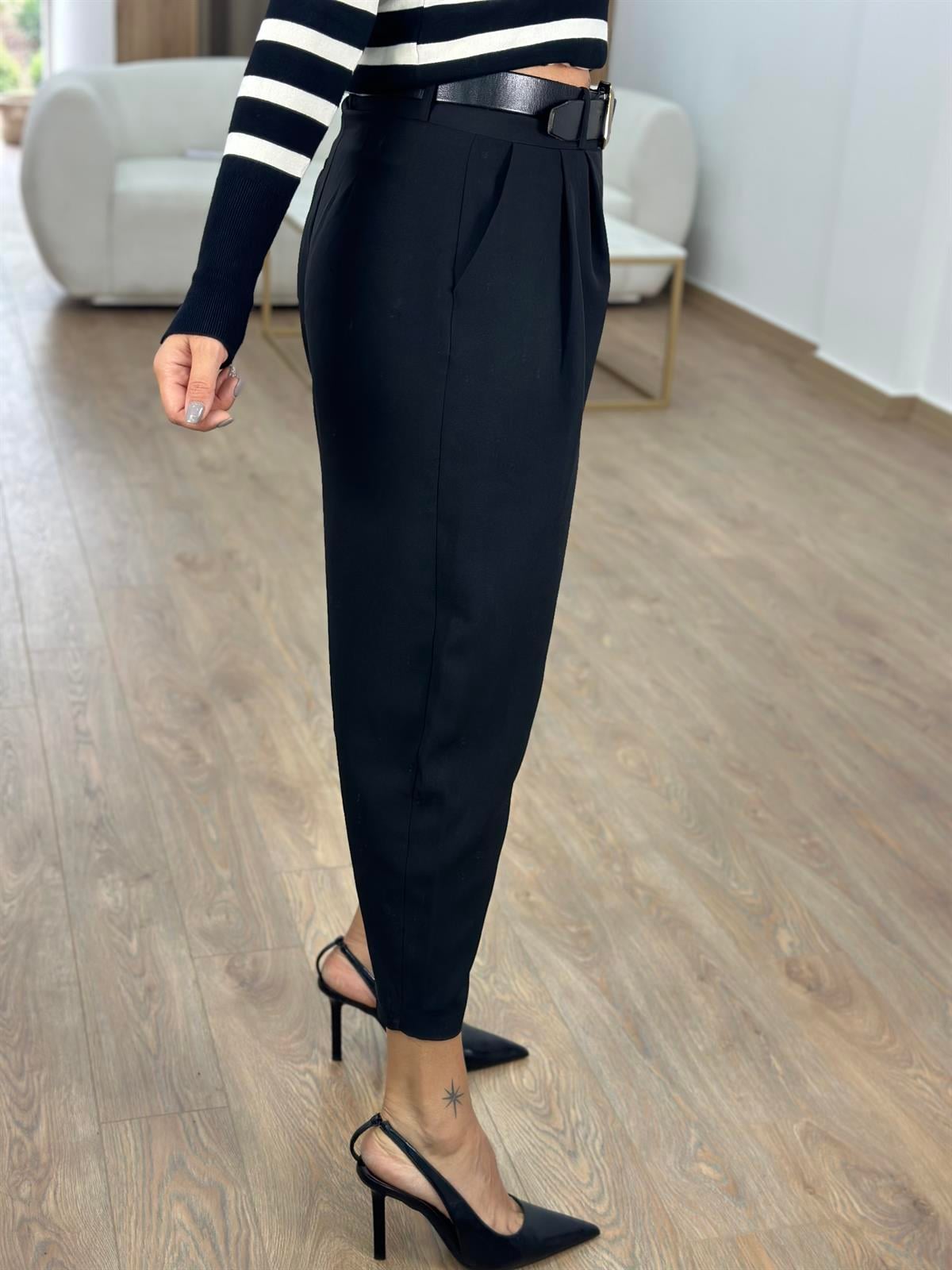 Çift Düğmeli Şalvar Kesim Pantolon-Siyah