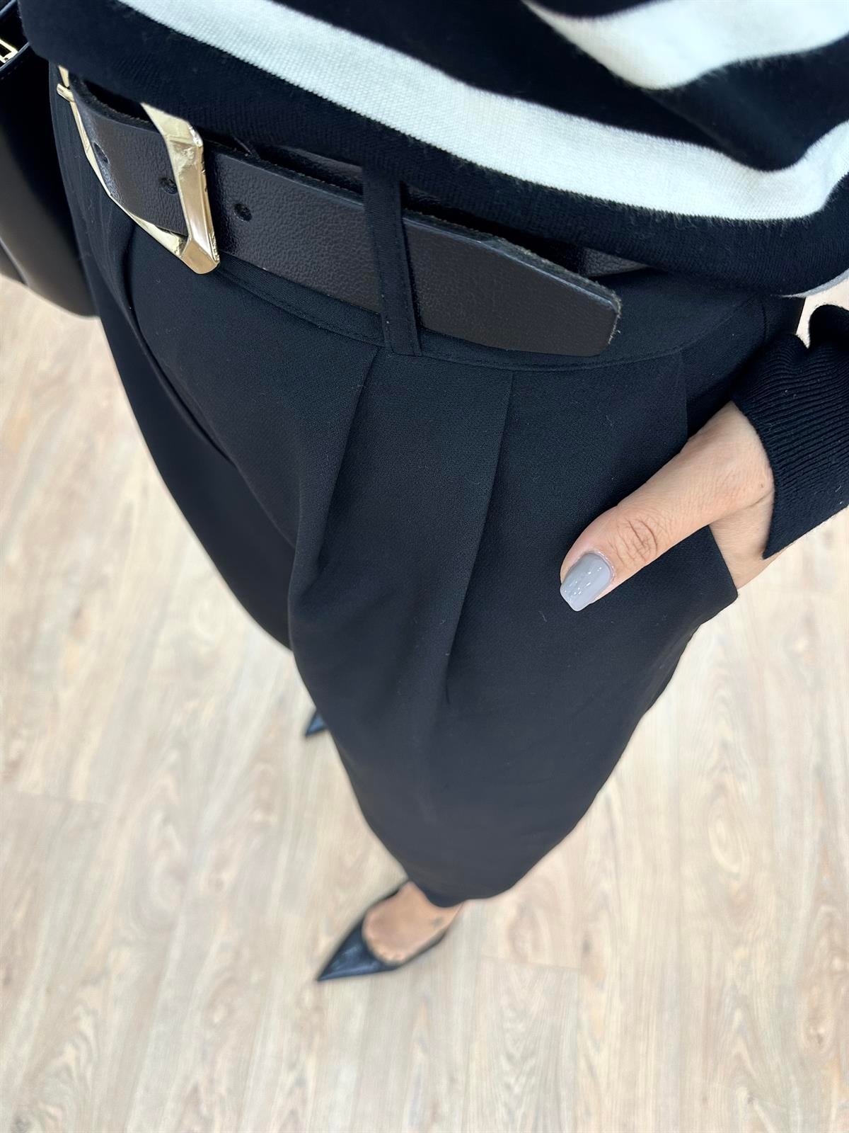 Çift Düğmeli Şalvar Kesim Pantolon-Siyah