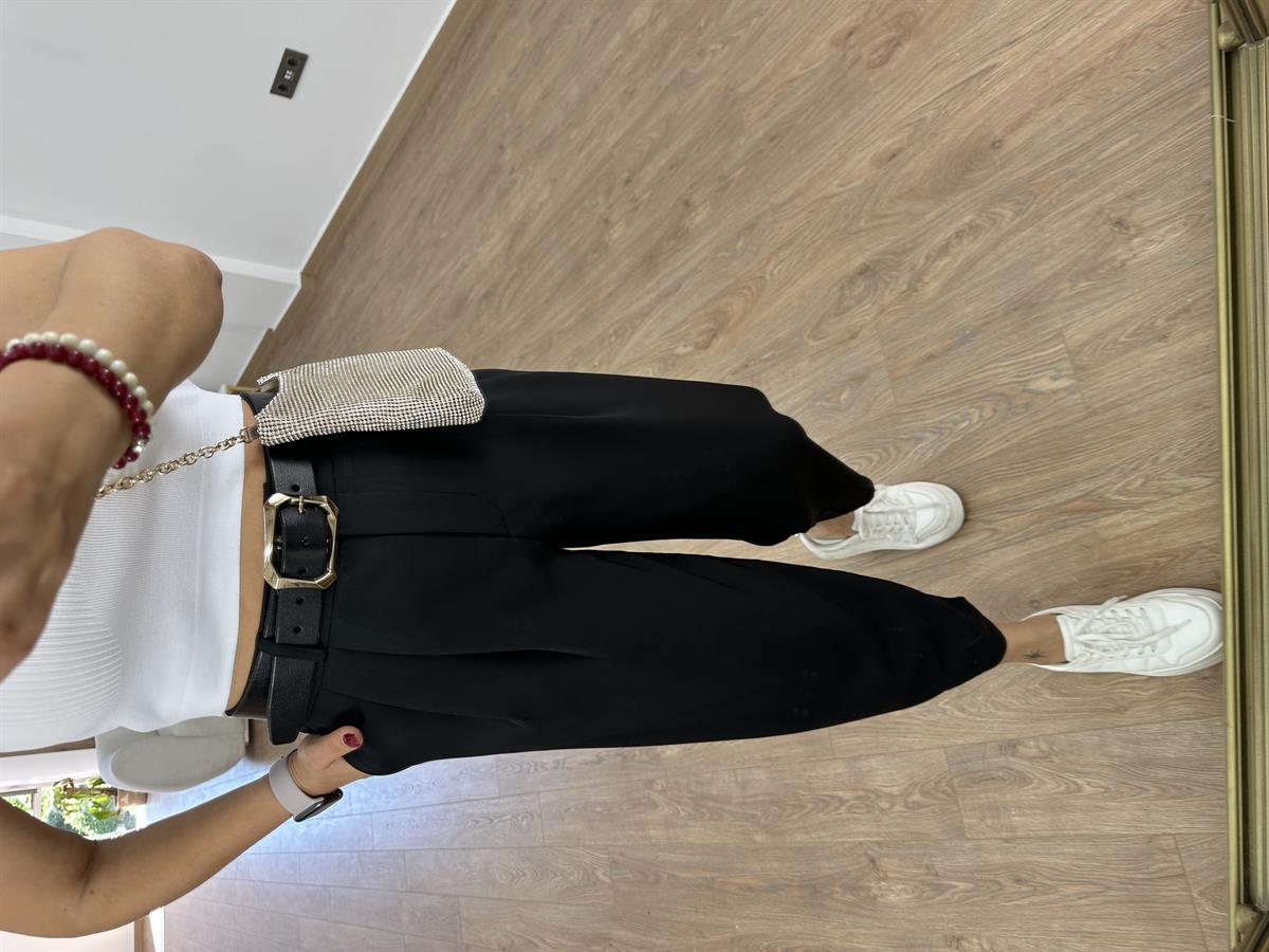 Çift Düğmeli Şalvar Kesim Pantolon-Siyah