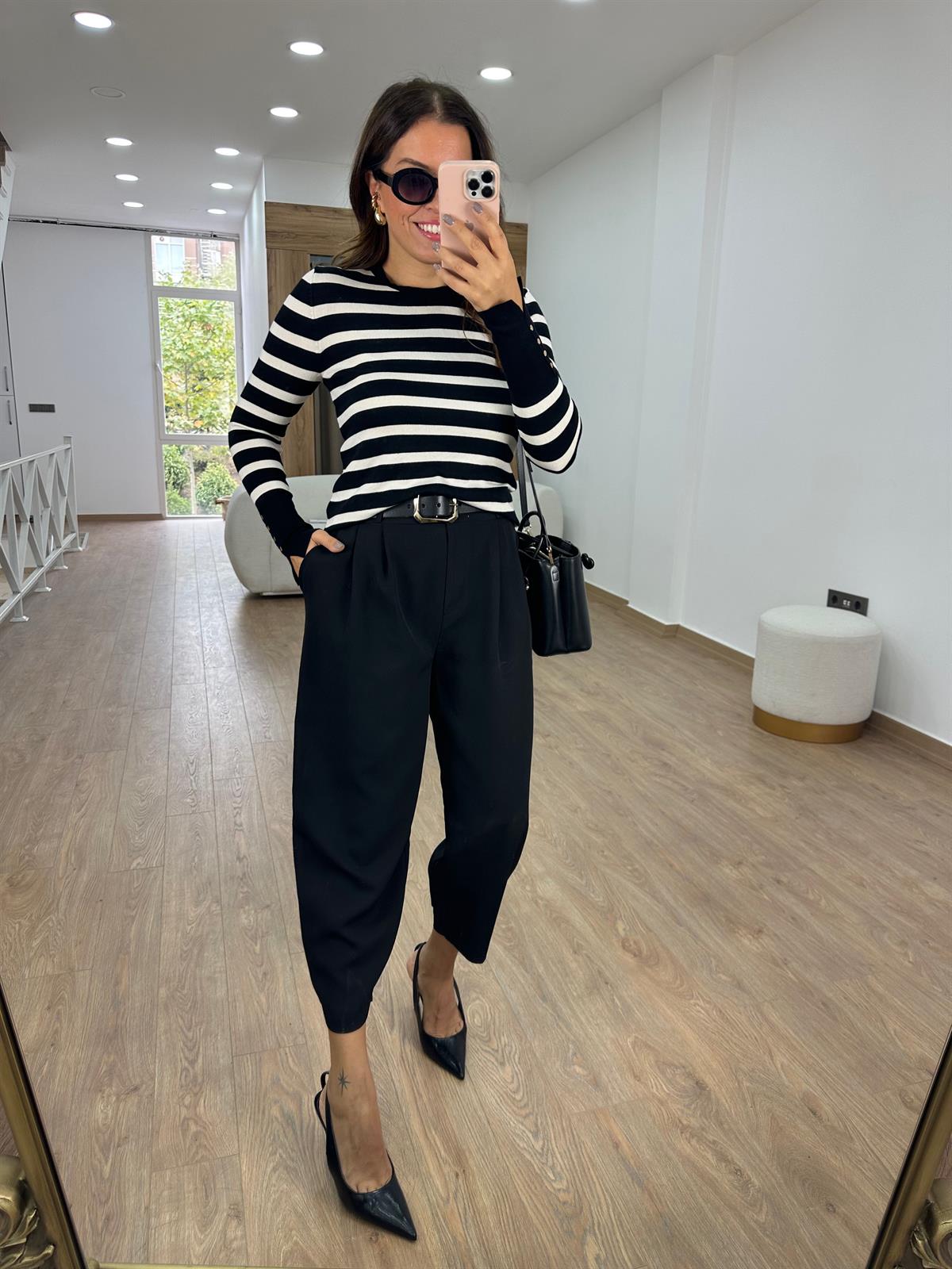 Çift Düğmeli Şalvar Kesim Pantolon-Siyah