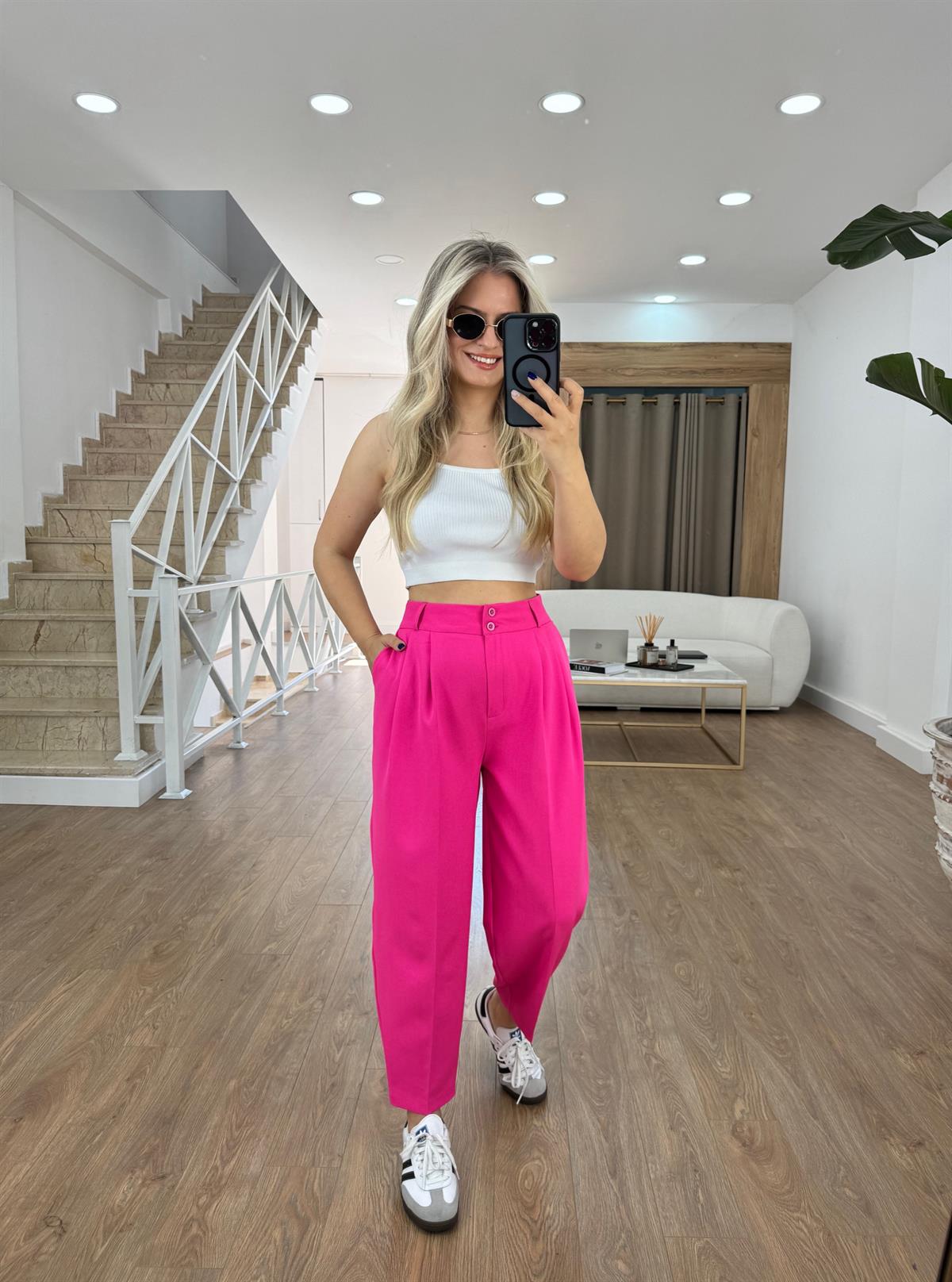 Çift Düğmeli Şalvar Pantolon-Pembe