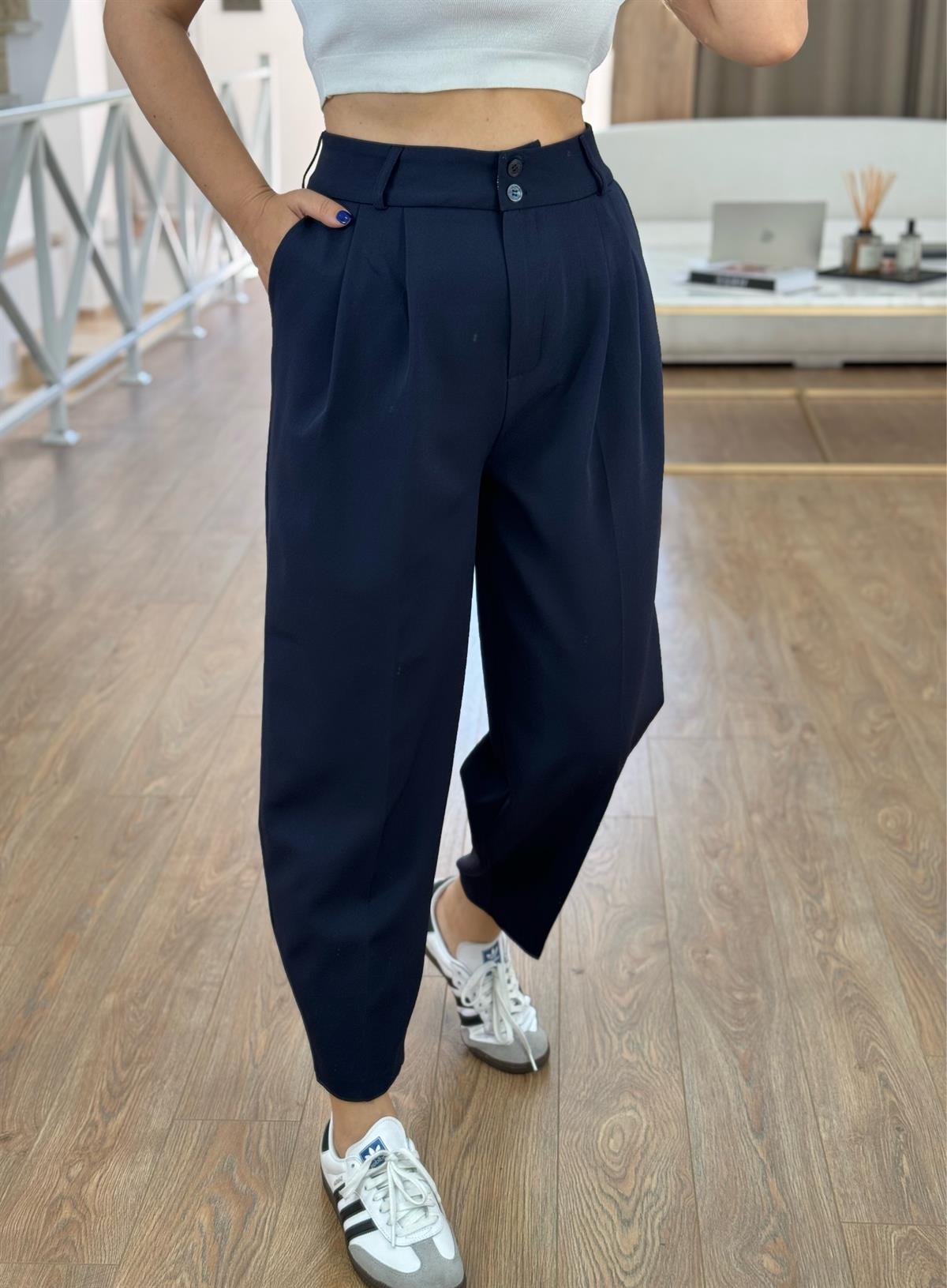 Çİft Düğmeli Şalvar Pantolon-Lacivert