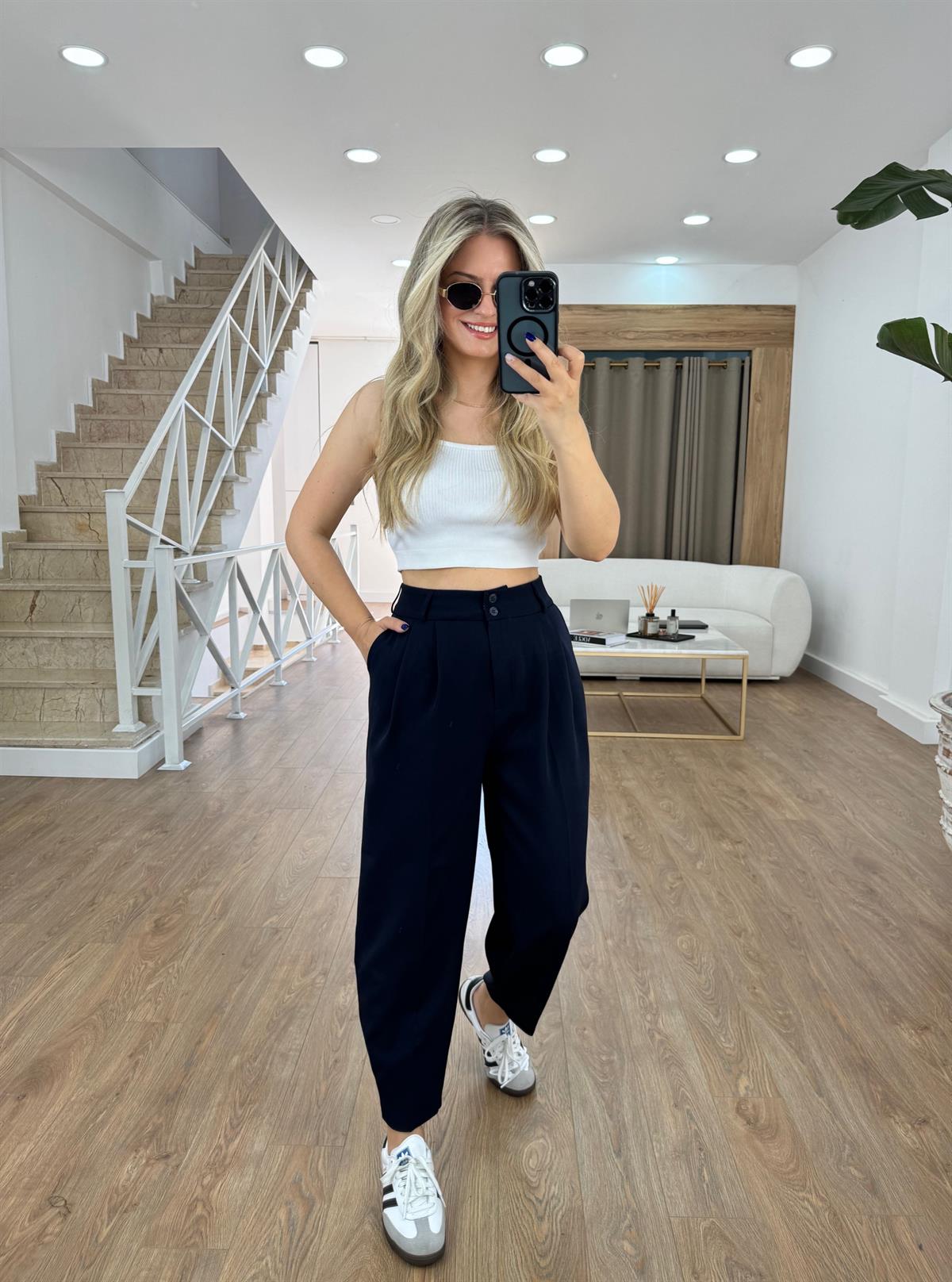 Çİft Düğmeli Şalvar Pantolon-Lacivert