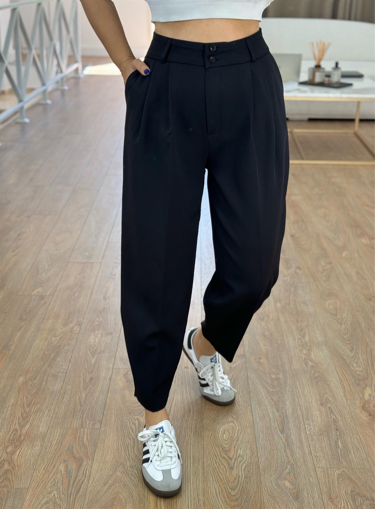 Çift Düğmeli Şalvar Pantolon-Siyah