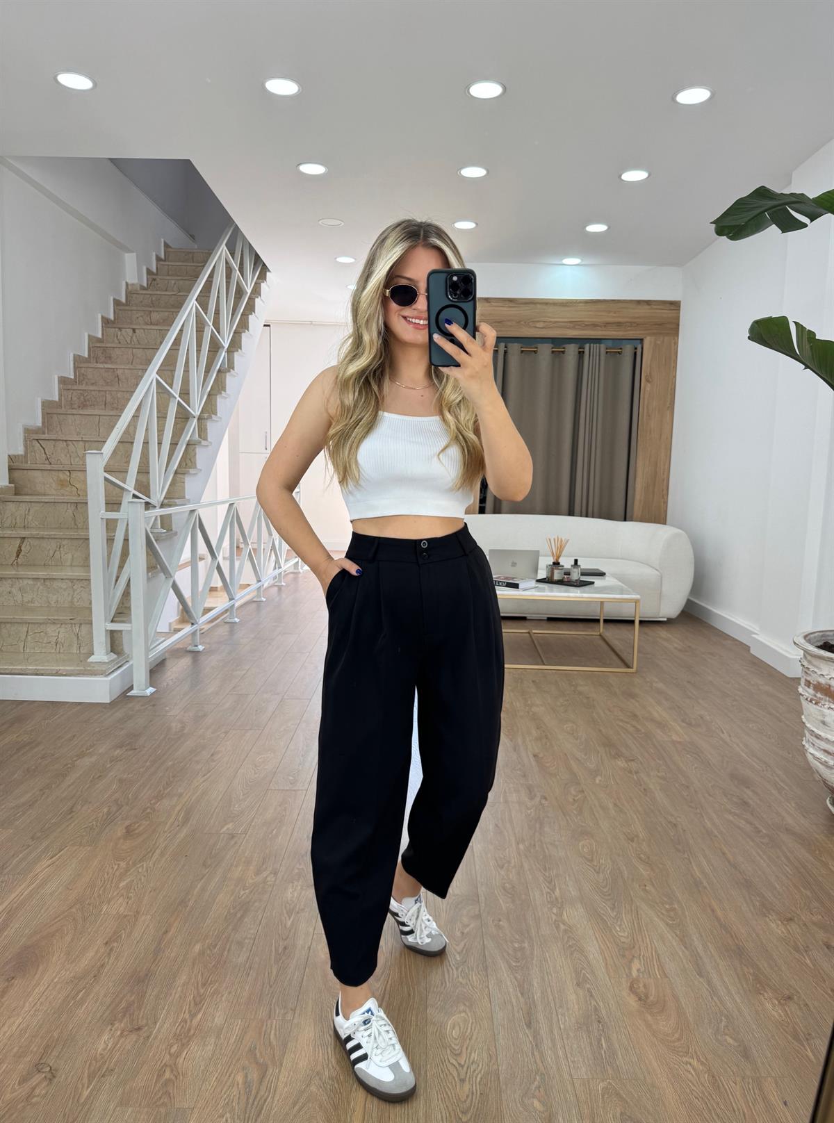 Çift Düğmeli Şalvar Pantolon-Siyah