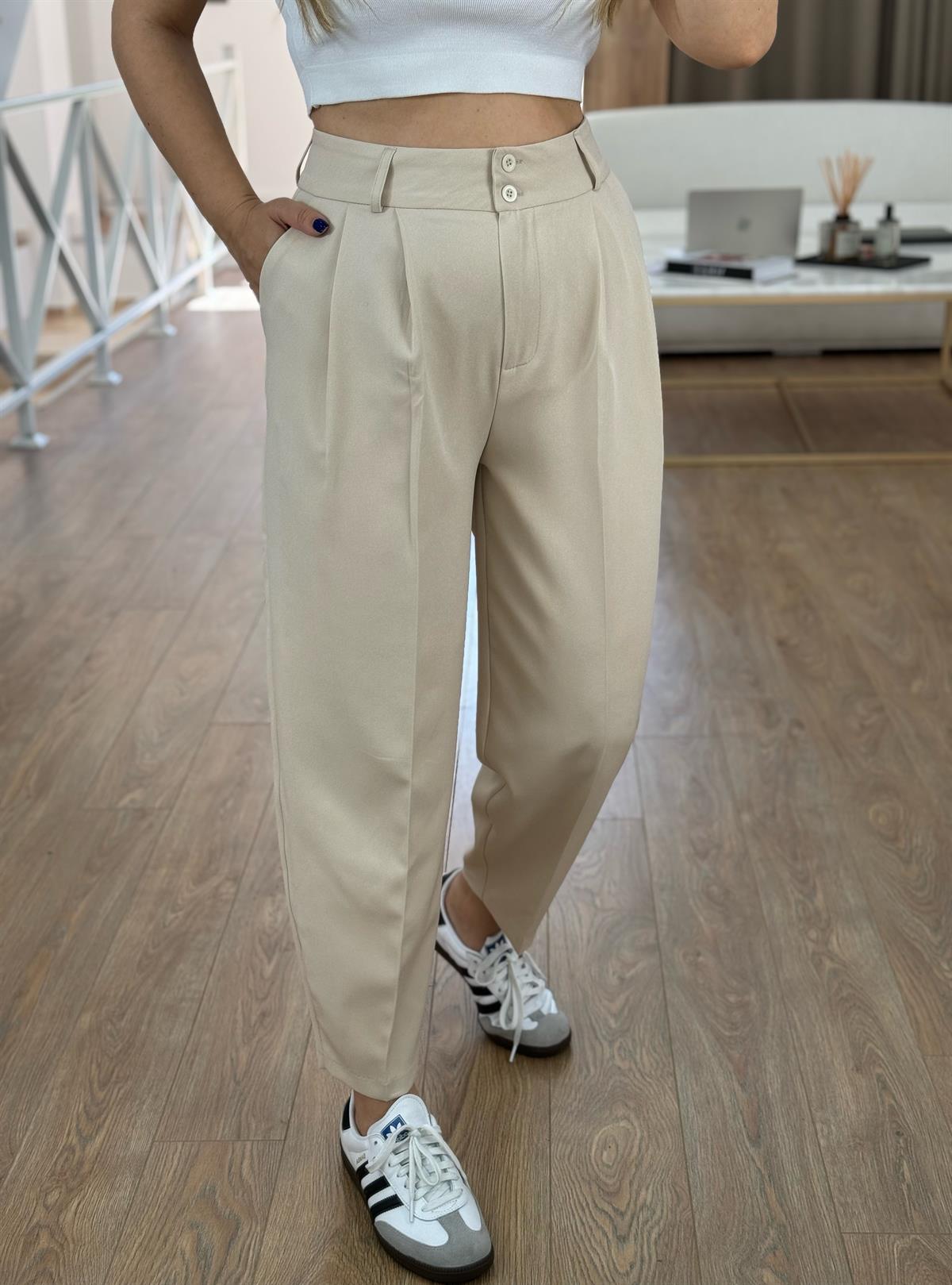 Çift Düğmeli Şalvar Pantolon-Taş