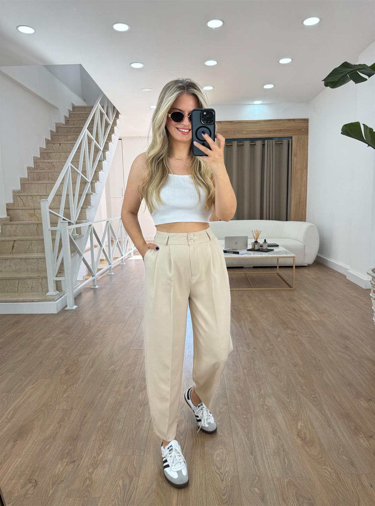 Çift Düğmeli Şalvar Pantolon-Taş