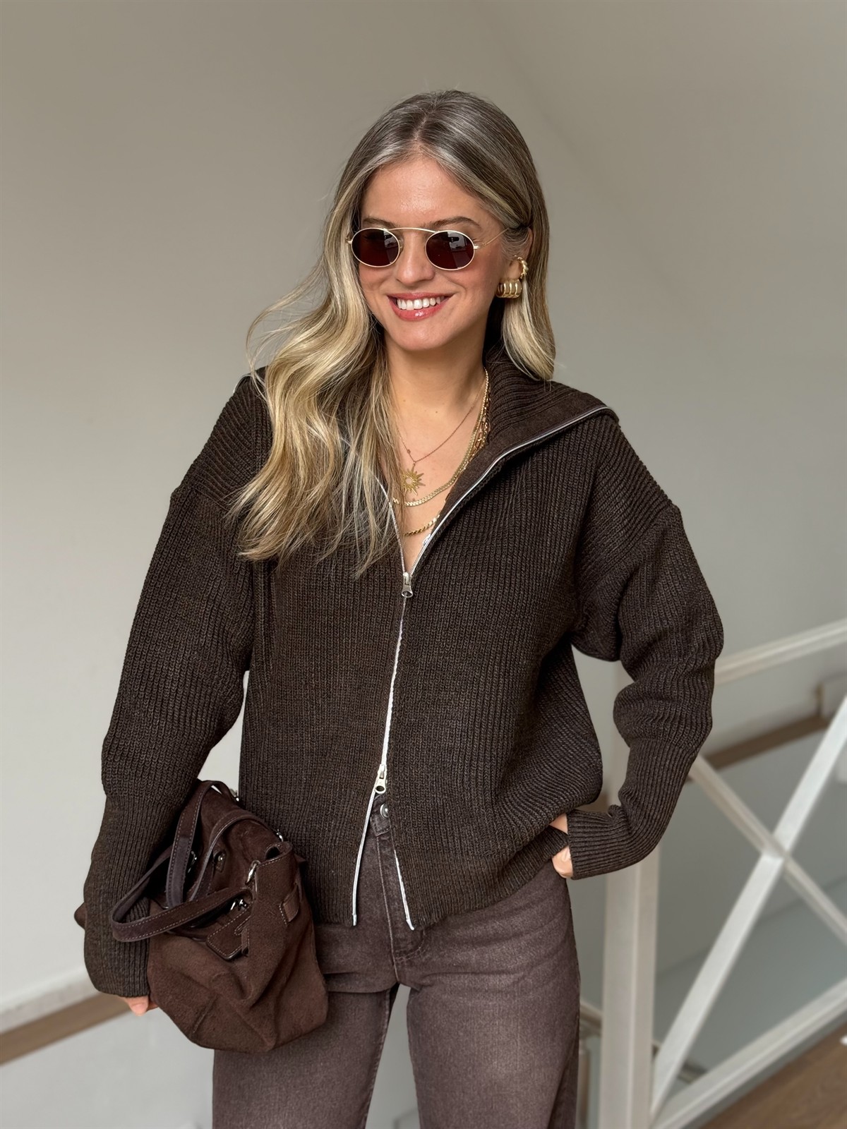 Çift Fermuarlı Triko Hırka - Kahverengi