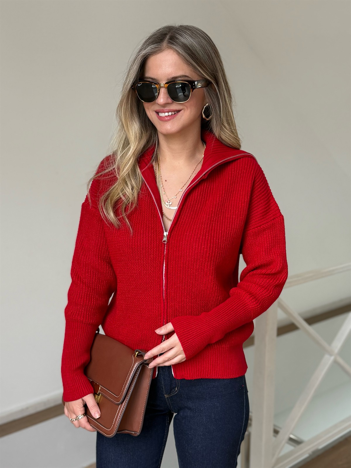 Çift Fermuarlı Triko Hırka - Kırmızı