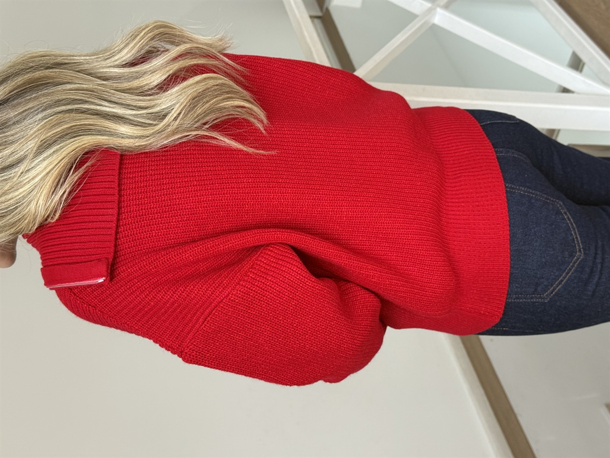 Çift Fermuarlı Triko Hırka - Kırmızı