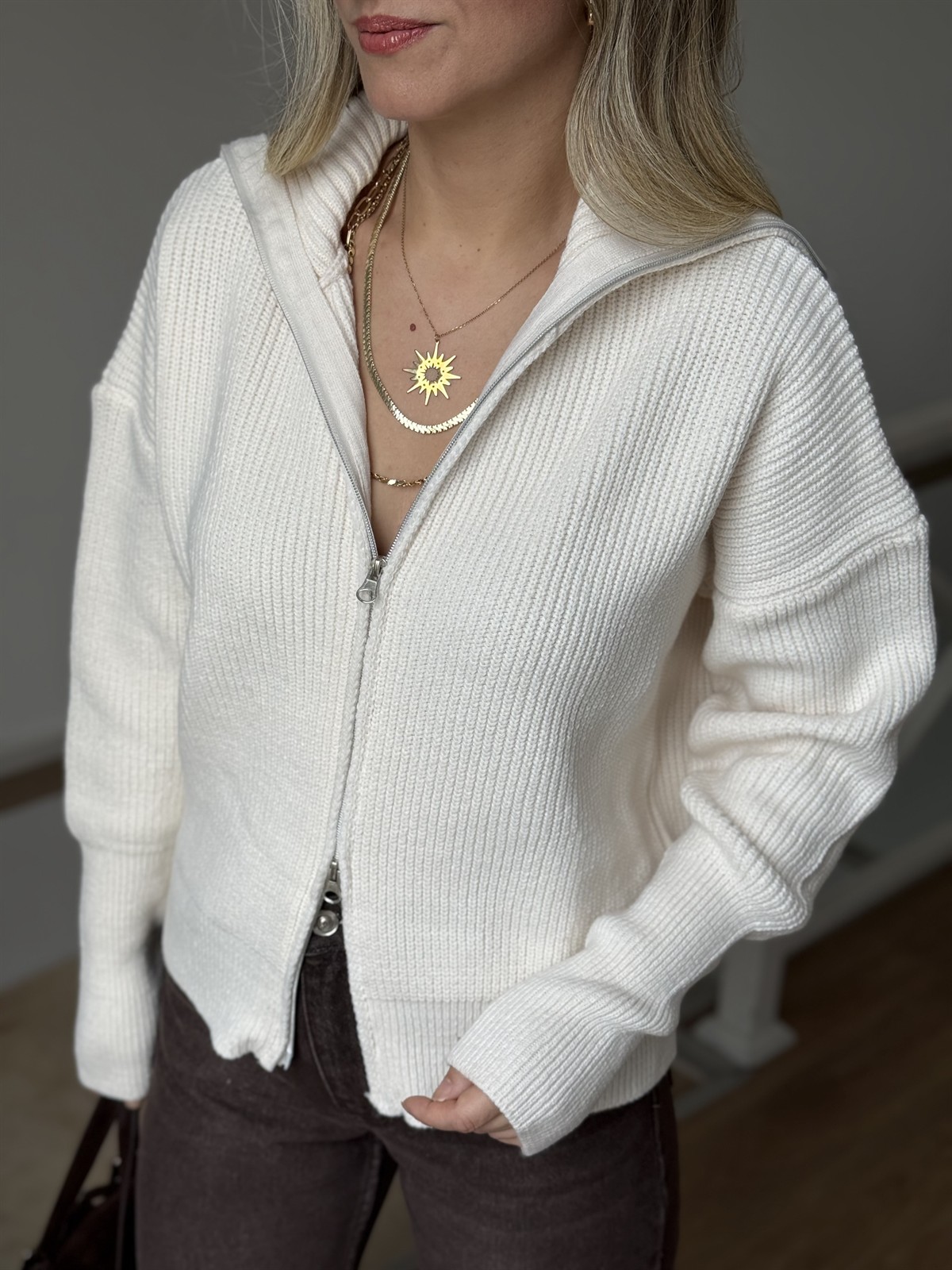 Çift Fermuarlı Triko Hırka - Krem 