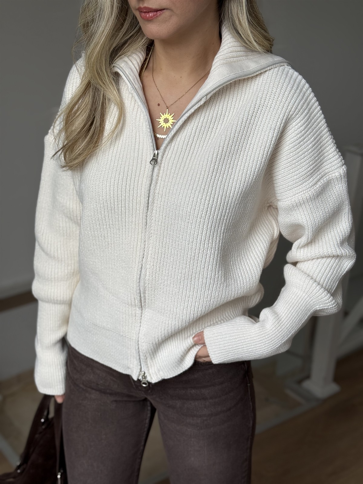 Çift Fermuarlı Triko Hırka - Krem 