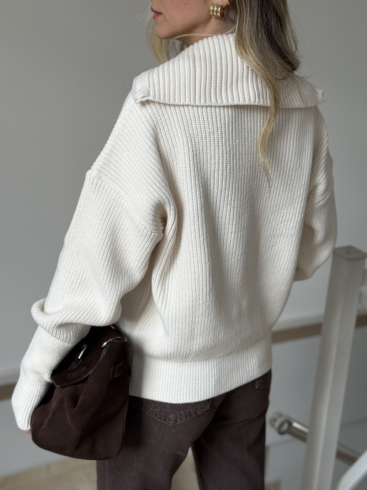 Çift Fermuarlı Triko Hırka - Krem 