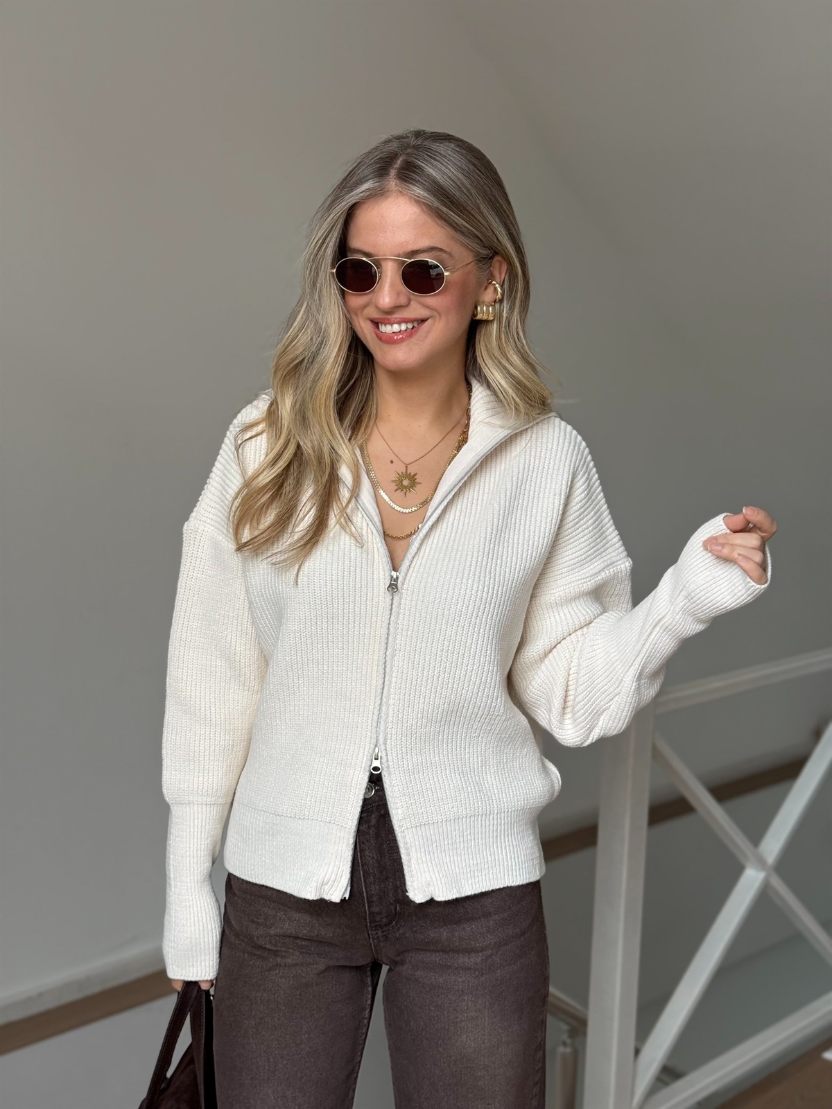 Çift Fermuarlı Triko Hırka - Krem 