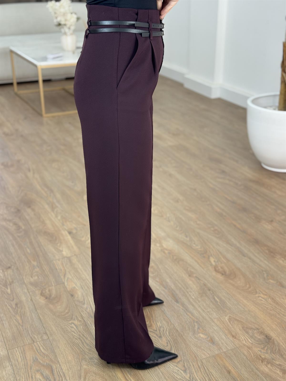 Çift Kemerli Premium Palazzo Pantolon - Mürdüm
