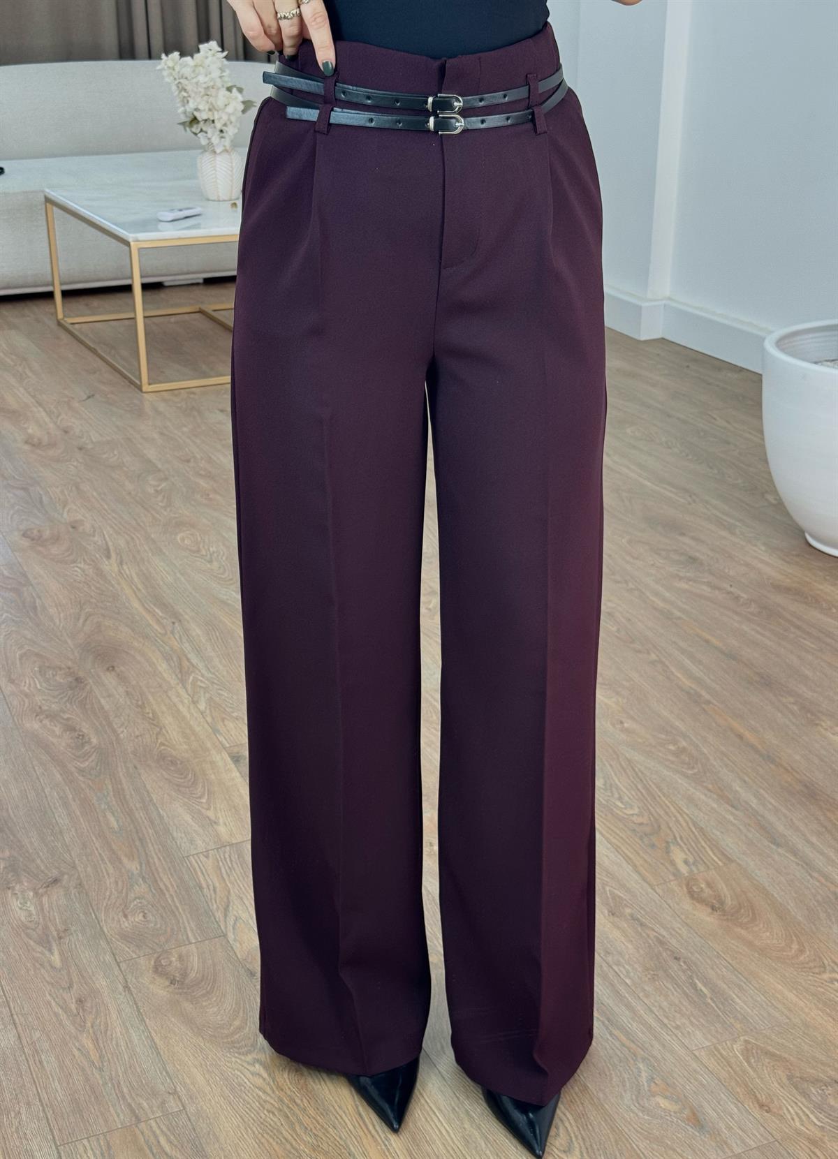 Çift Kemerli Premium Palazzo Pantolon - Mürdüm