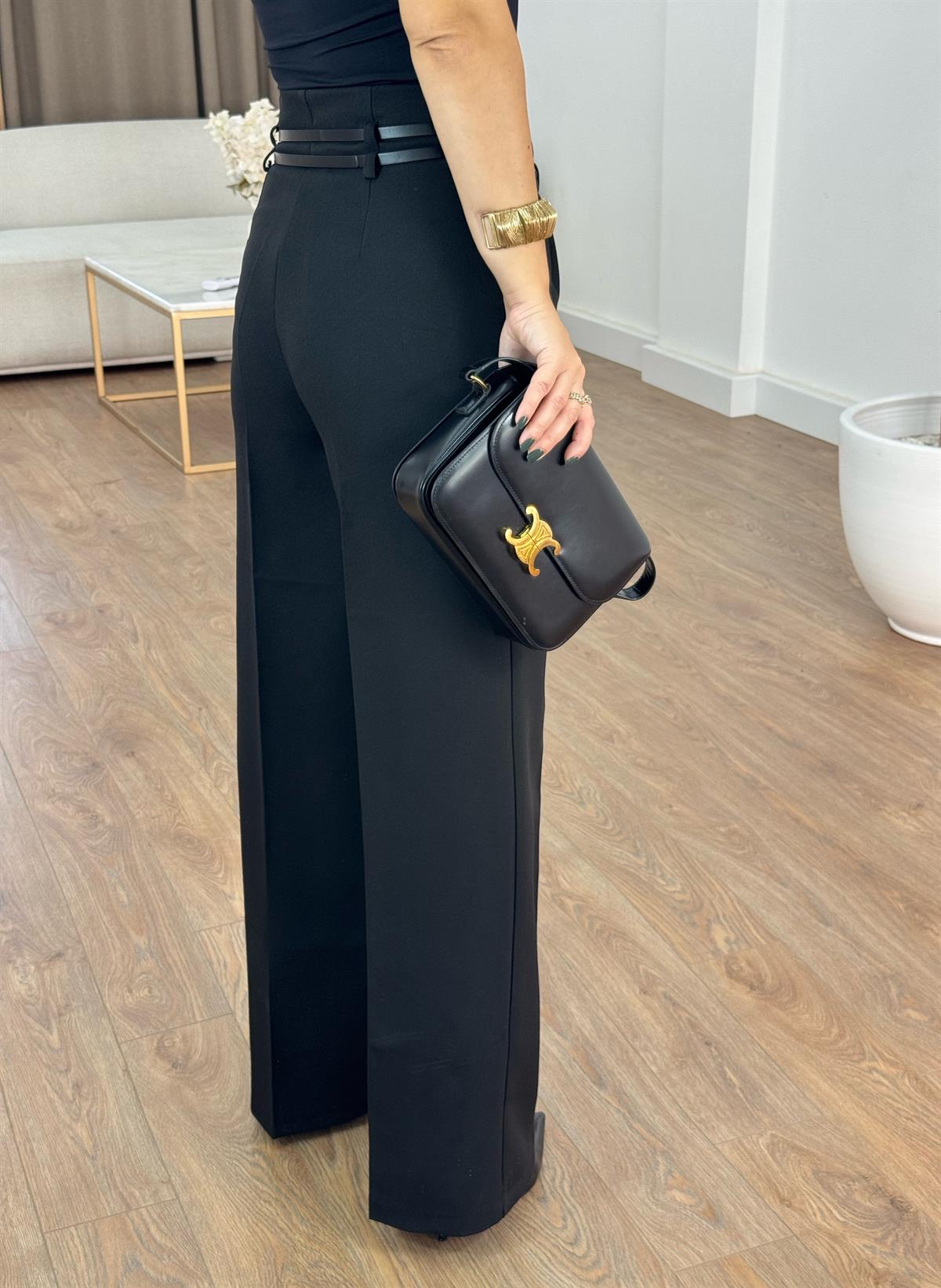 Çift Kemerli Premium Palazzo Pantolon - Siyah