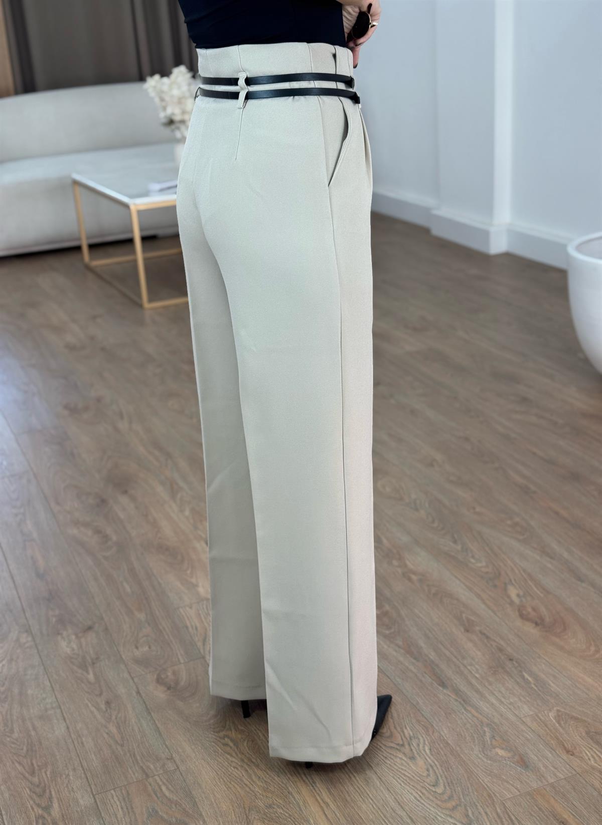 Çift Kemerli Premium Palazzo Pantolon - Taş